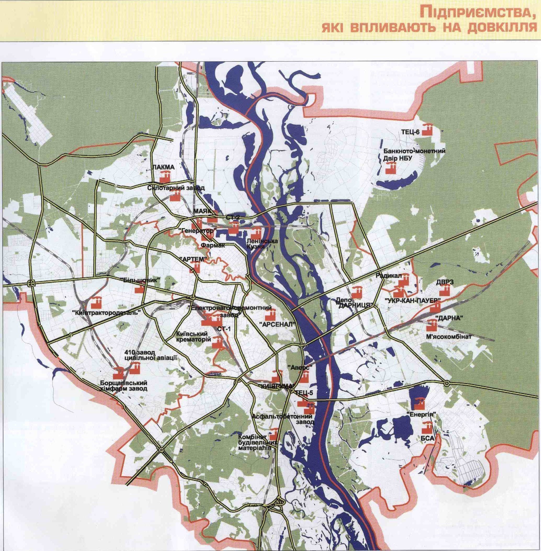 Картинка: Карта підприємств, які впливають на забруднення навколишнього середовища в Києві